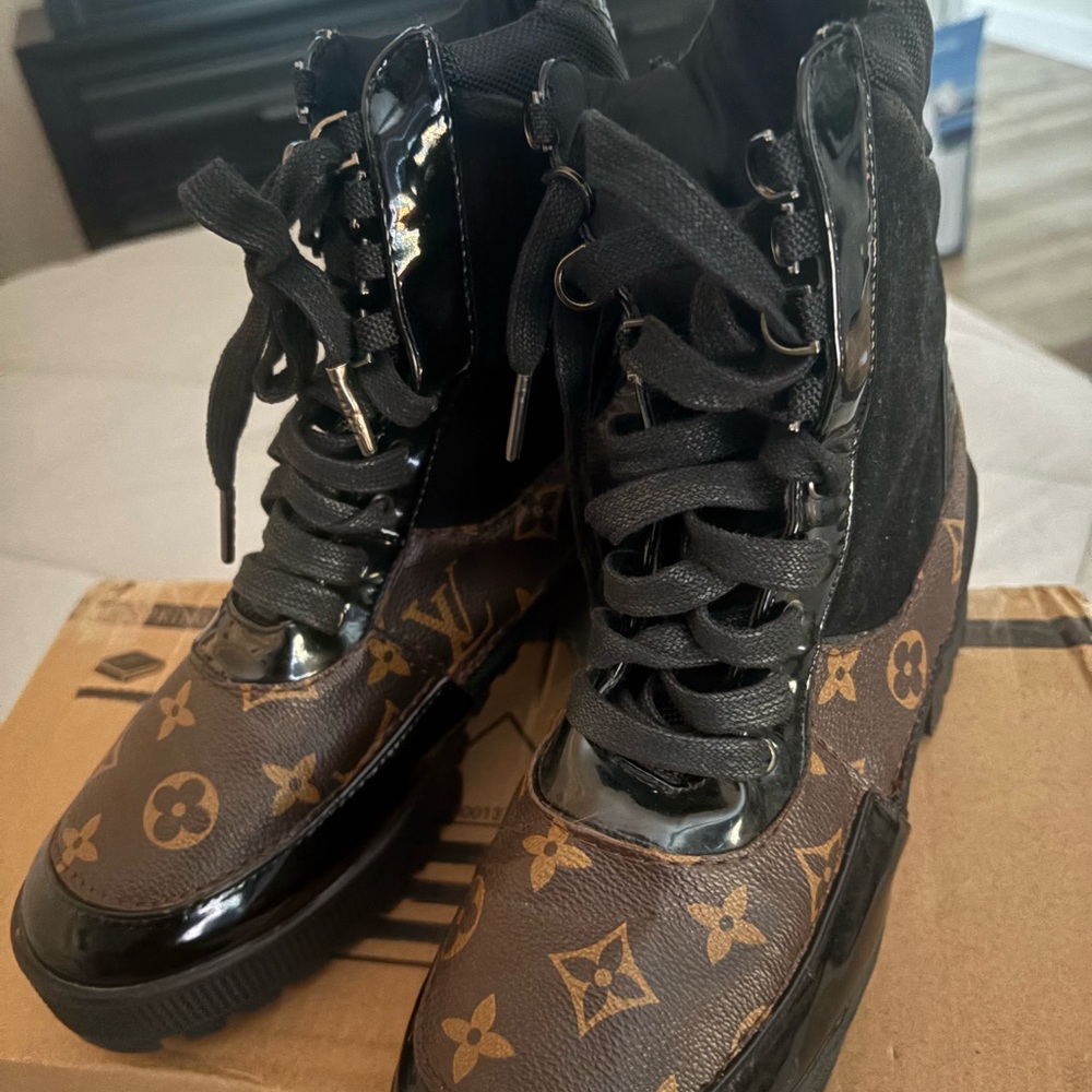 Monogram Pattern Platform Lace-Up Boots in Brown & Black - Picture 2 of 5